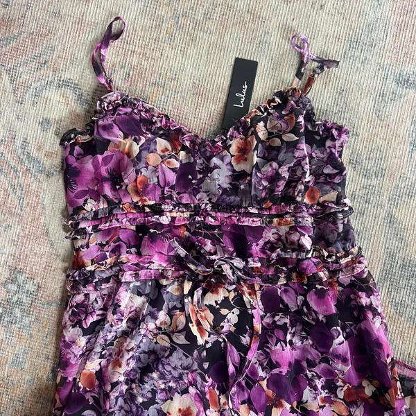 NWT Lulus Dayah Purple Floral Ruffled Tiered Midi Dress - Image 3