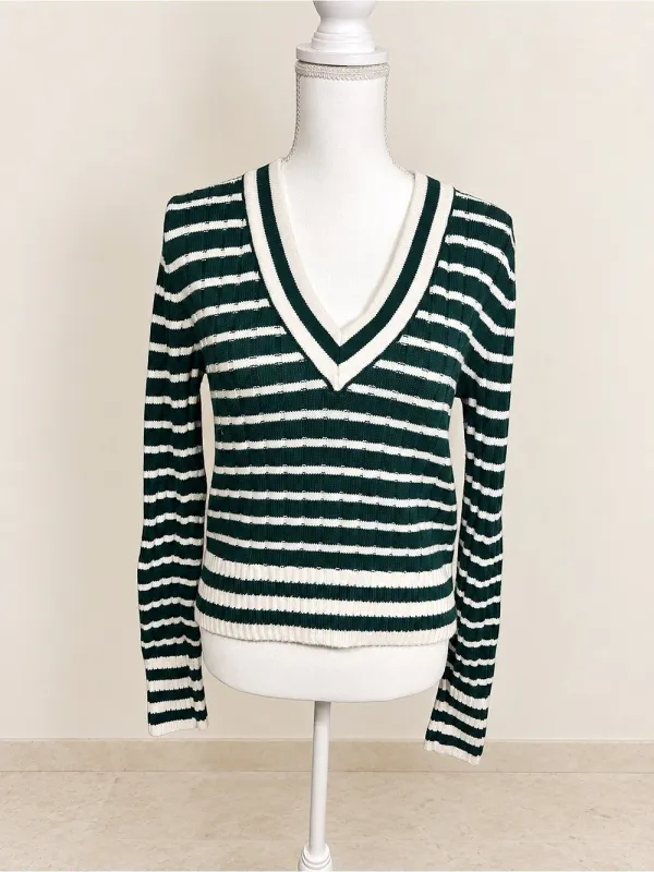 Madewell V-Neck Striped Sweater Striped V-Neck Cotton Cashmere Sweater in Green - Image 2