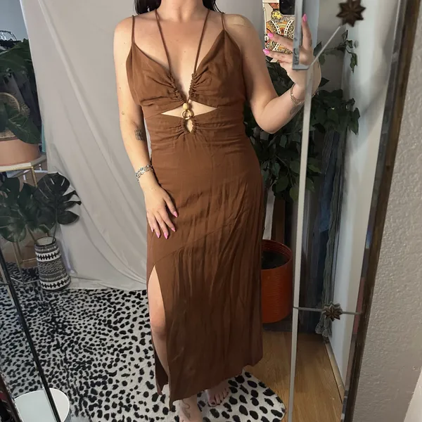 Zara Cut Out Strappy Maxi Dress Brown Size Large - Image 2