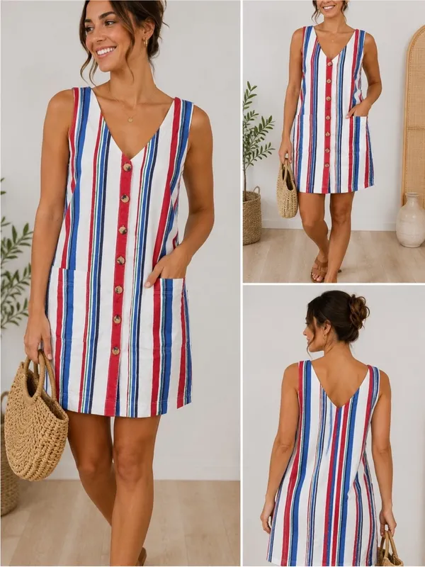 Old Navy railroad Striped Button Front Cotton Shift Dress Sleeveless Pockets - Image 2