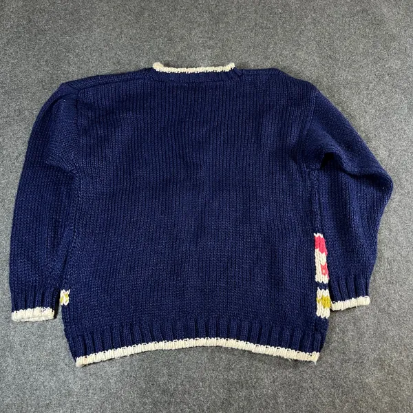 Palm Springs Yacht Club Vintage Navy Floral Knit Sweater Pom Pom Trim Medium - Image 2