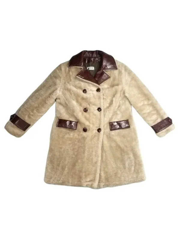 Vintage Fingerhut Fashions Fur Leather Coat Double Breasted Buttons Beige Sz 12 - Image 12