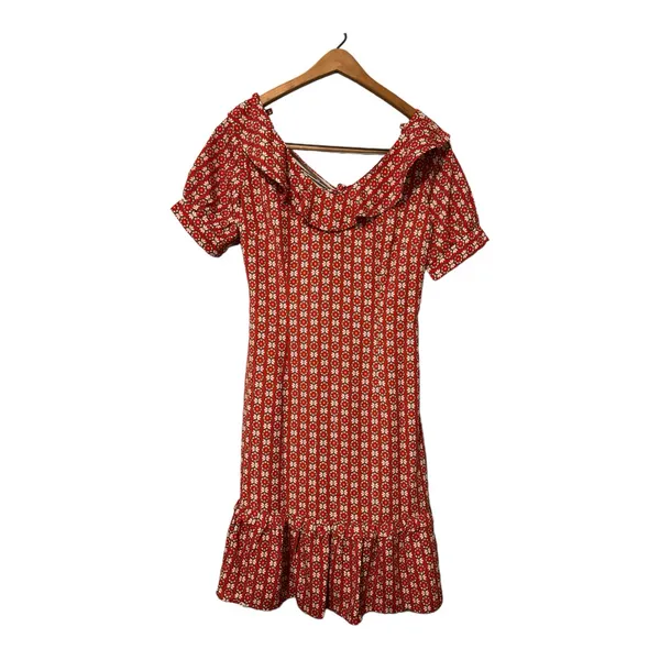 Molly Bracken Fit‎ & Flare Dress Red White Abstract Scoop Neck Ruffle Hem XS - Image 3