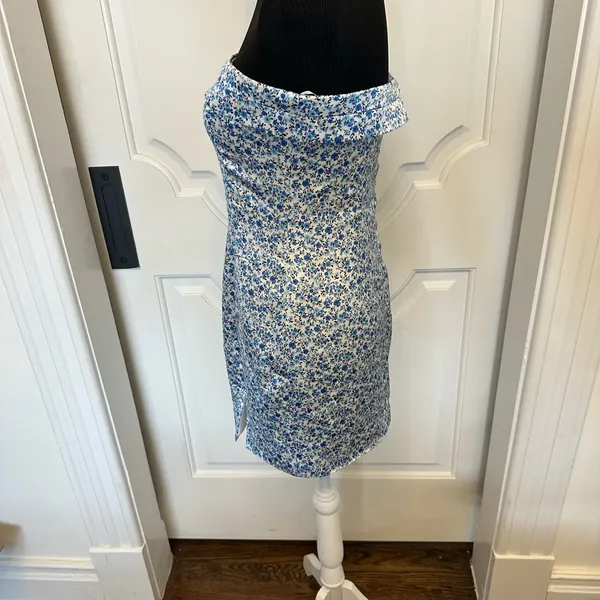 Altar’d State Floral Blue Strapless Dress Notch Slit Mini NWOT - Image 5