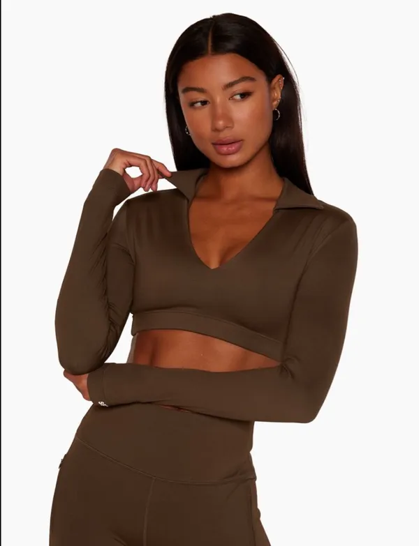 SET ACTIVE long-sleeved, collared brown crop top size small - Image 2
