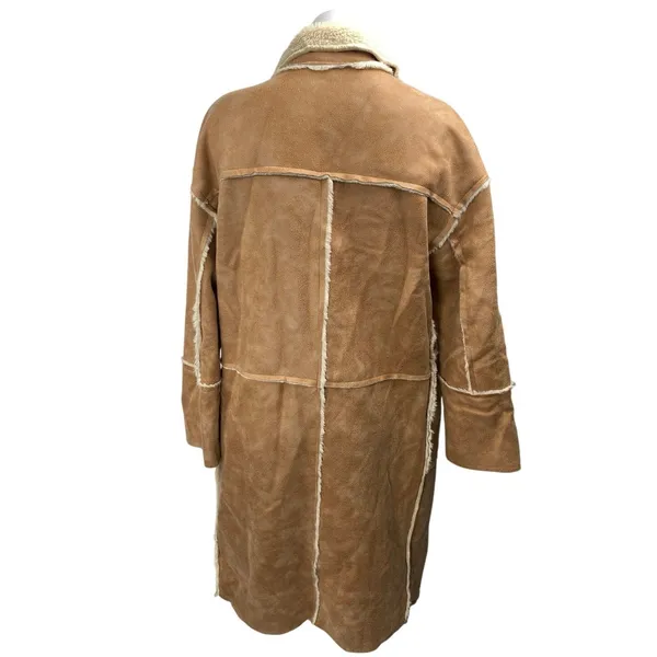 HYFVE Brown Suede Leather Faux Shearling Open Front Trench Overcoat Jacket Sz M - Image 2