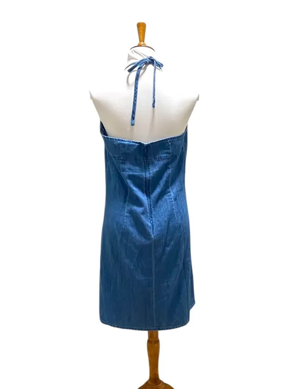 Route 66 Y2K Denim Halter Mini Dress Blue Size 10 Boho Summer Coastal Festival - Image 8