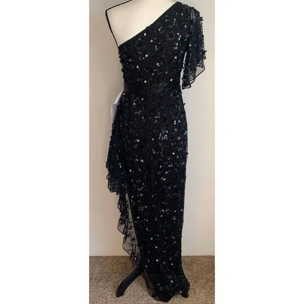NEW Mac Duggal Sz 4 One Shoulder Flower Sequin Embellished‎ Gown in Black - Image 9