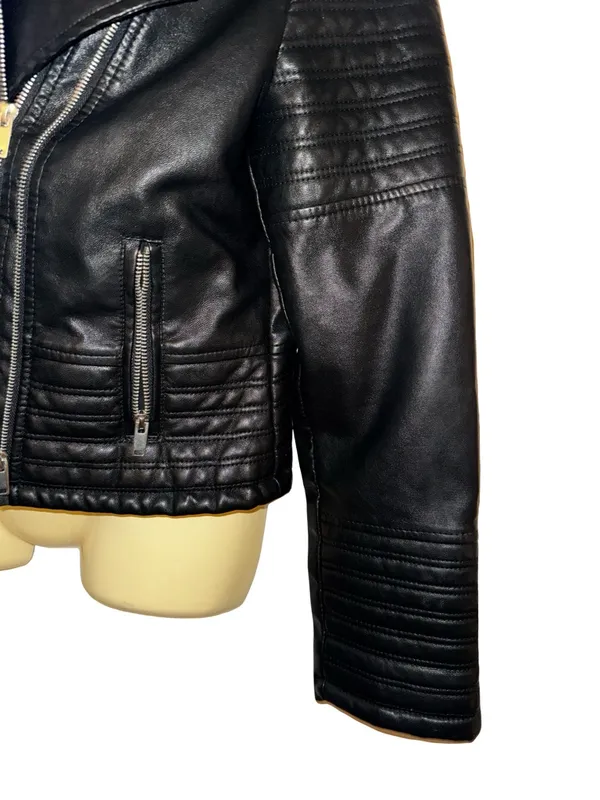 Classic Black Moto-Style Faux Leather Jacket - Women's Biker Coat - Image 5