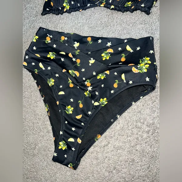 PINK bikini swimsuit size small orange lemon print high waist string top - Image 9