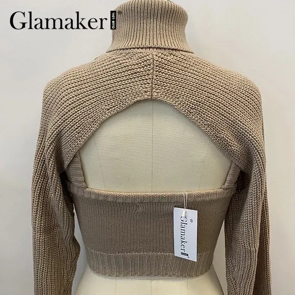 2 piece set winter turtleneck crop sweaters vest backless‎ knitted new ju… - Image 3