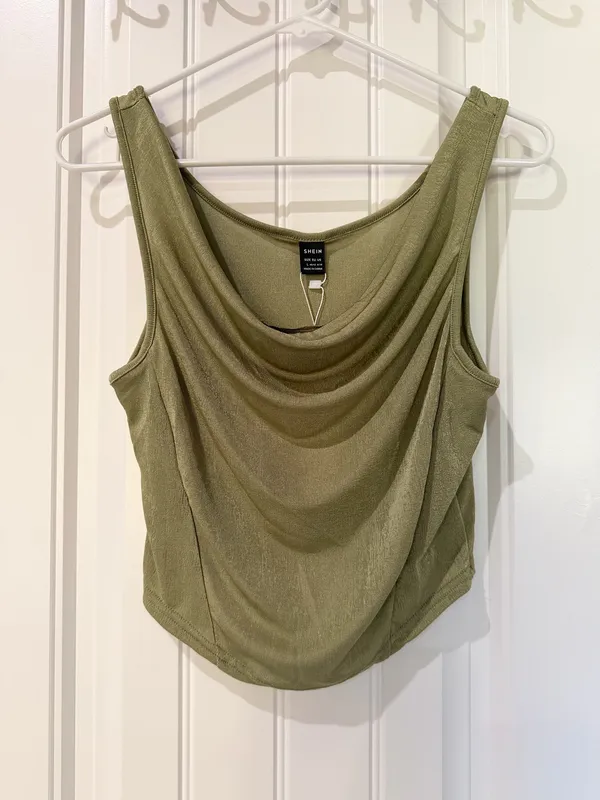 Shein Olive Green Draped Cowl Neck Crop Top - Image 2