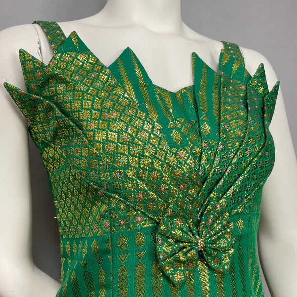 Origami Dress Formal Green Gold Mermaidcore Pointed Neckline‎ Sleeveless Women - Image 13