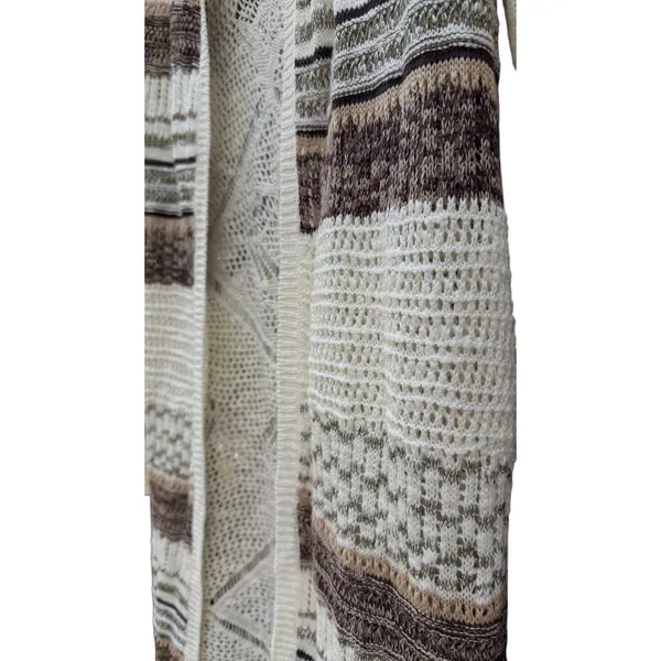 Cato Womens Open Knit Hooded Duster Cardigan Sweater Olive Brown Striped S NEW - Image 3