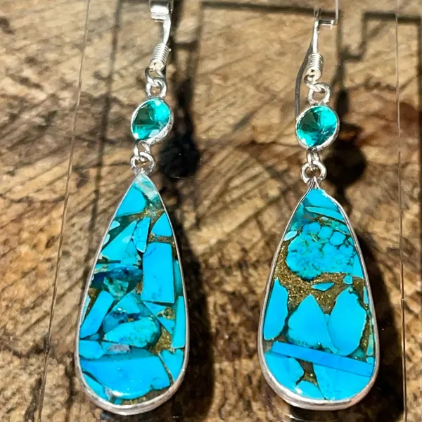Faceted Turquoise in Copper Earrings 2 1/4” Gold - Image 4