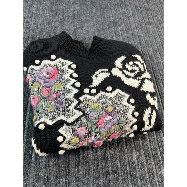 Vtg 90s Grandma Sweater L Black‎ Floral Ramie Cotton Textured Patchwork Cottage - Image 15