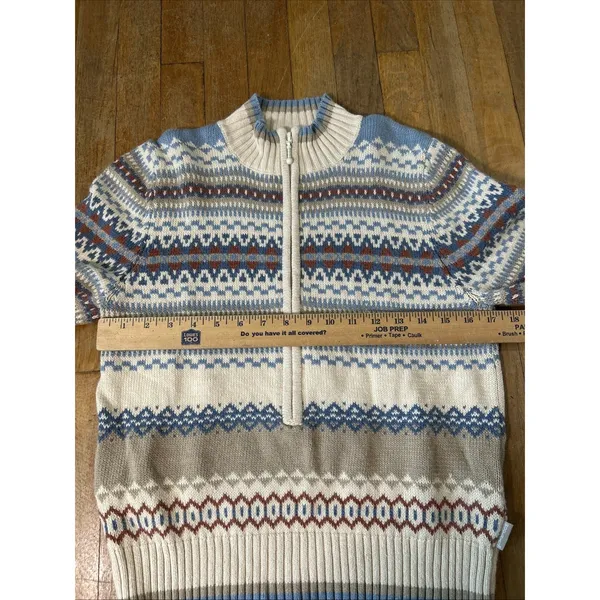 Woolrich Womens Fair Isle Quarter Zip Sweater Blue Cream Ramie Cotton Size M - Image 5