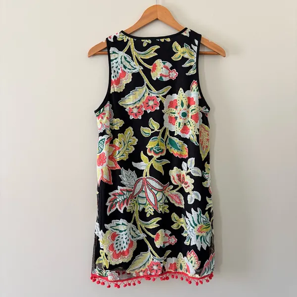 Entro Black Floral‎ Sleeveless Tunic Dress Pom Pom Hem Size S Coastal Preppy - Image 4