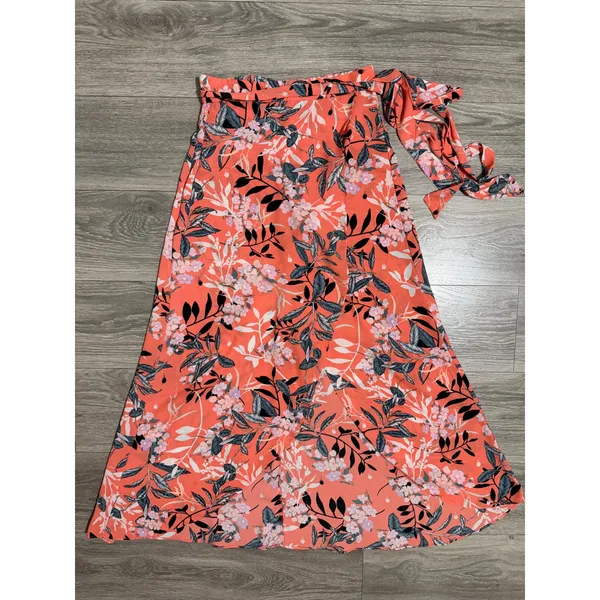 bebe Maxi Skirt Size 8 Coral Floral Wrap High Low Tropical Summer Tie Waist - Image 3
