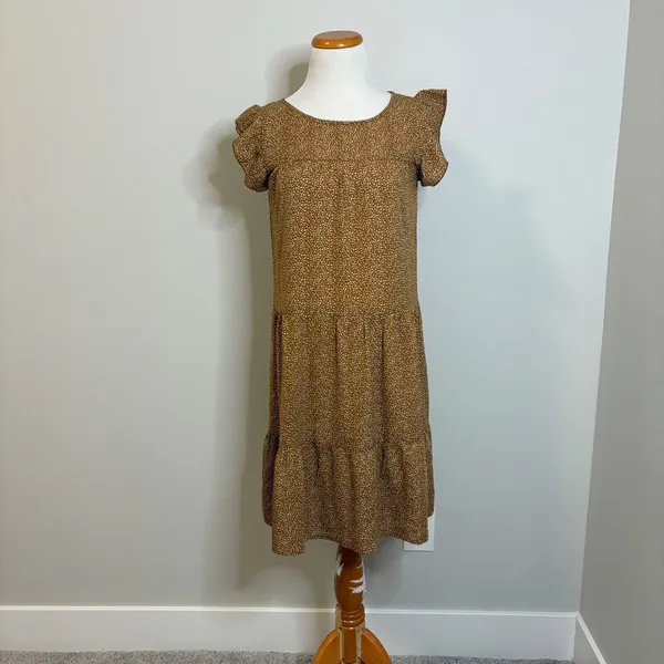 Ruffle Sleeve Tiered Midi Long Short Sleeve Alredine Dress NWOT Casual‎ Brown XS - Image 2