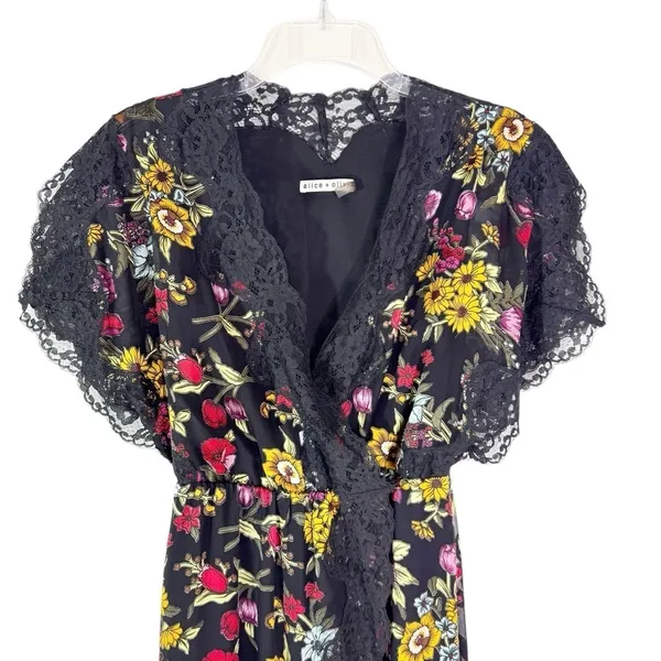 Alice + Olivia Adele Floral Wrap Midi Dress with Lace Trim Black Size 2 - Image 15