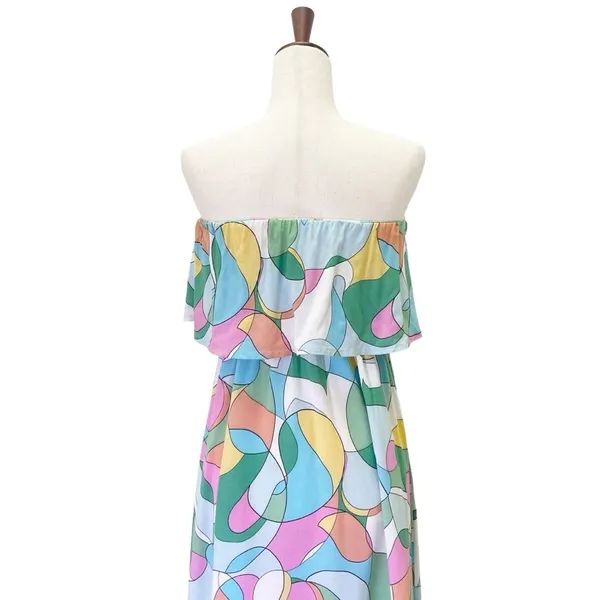 Japna Strapless Flounce Top Summer Maxi Dress Retro Aqua & Pink Print Size Small - Image 9