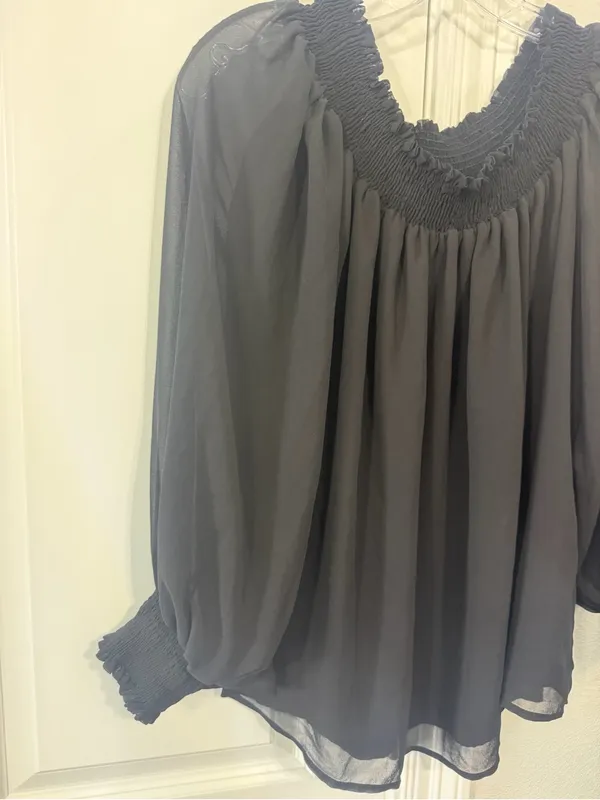 Topshop Black Sheer Smocked Neck Blouse - Image 3