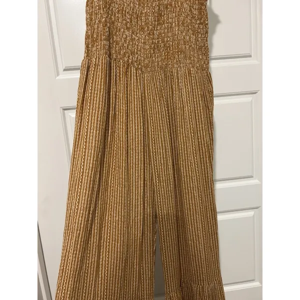 Vestique Women's Mustard Brown Striped Smocked Jumpsuit Size Small Game Day Boho - Image 4