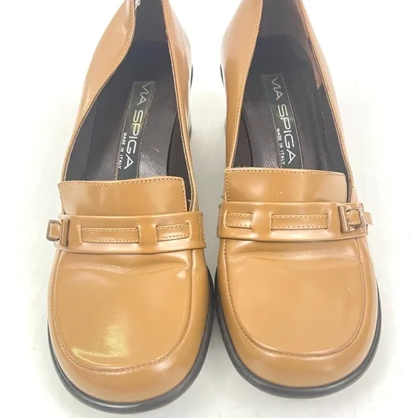 Vintage Via Spiga Italian Leather Tan Y2K Block Heel Loafers - Size 6.5 - Image 7