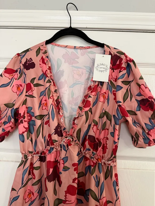 Camisa Floral Pink V-Neck Tiered Maxi Dress - Image 5