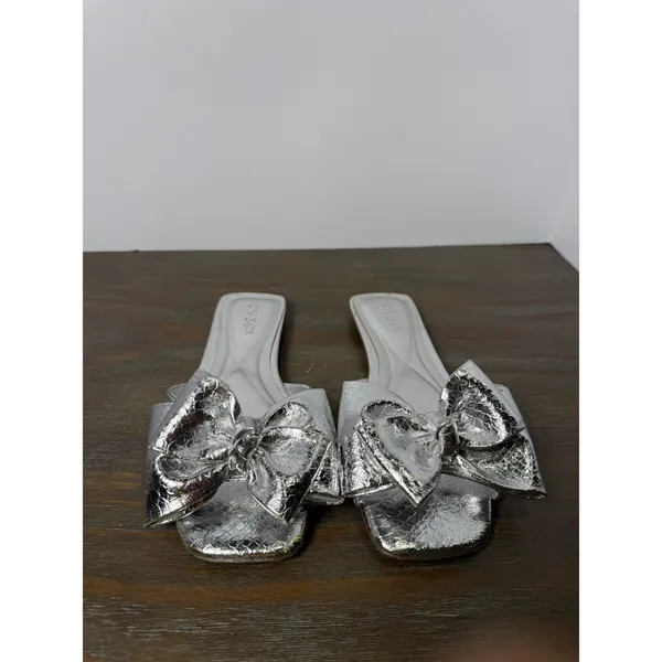 On‎ 34th Jazminn Bow Flat Sandals Silver Snake Print Slides Size 5 New - Image 7
