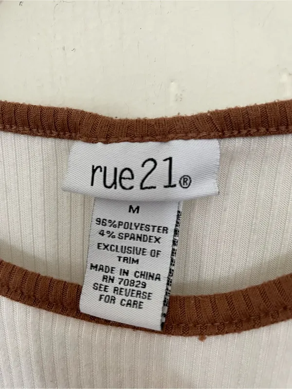 Rue 21 Baby Doll Top Heart Cut Out Size M White Ribbed Brown Trim Y2K 2000s - Image 2