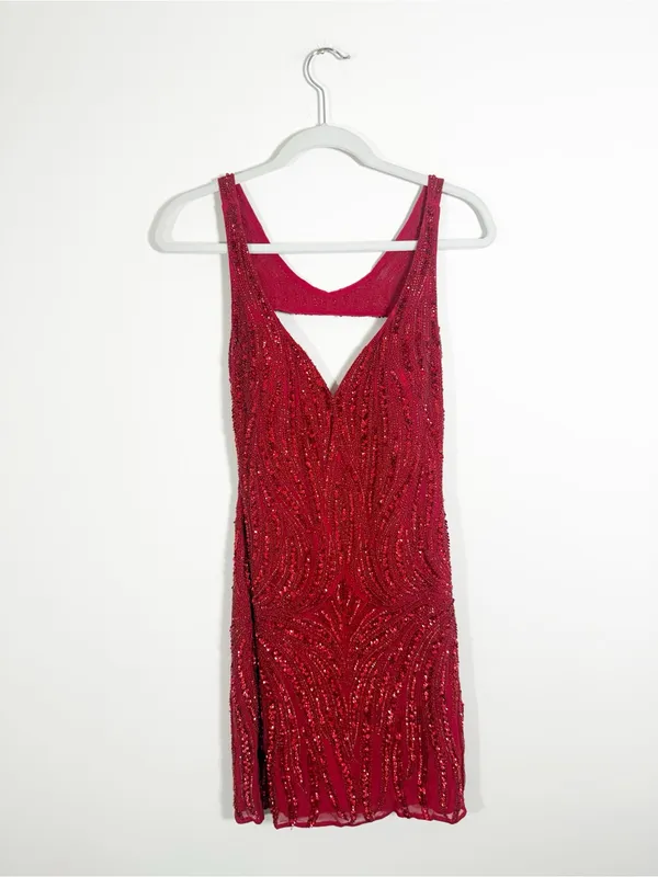 Scala 48608 Beaded V-neck Red Sequin Open Back Silk Mini Dress Size 4 - Image 2
