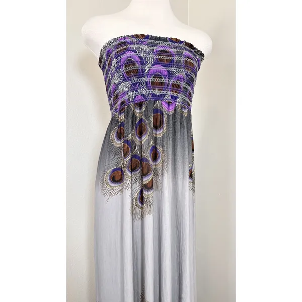 FOREVER 21 Y2K Strapless Maxi Dress S/P‎ Peacock Feather Print Smocked Bodice - Image 8