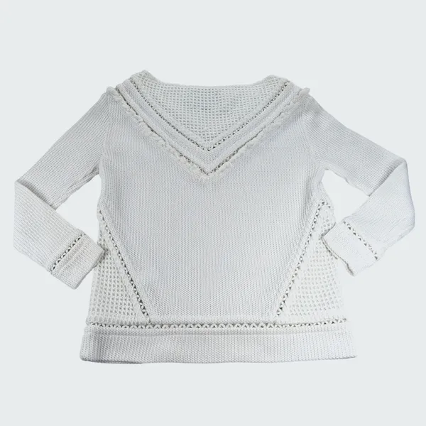 Saylor White Knit Boat Neck Sweater V-Panel Eyelet Fringe Detail Small - Image 3