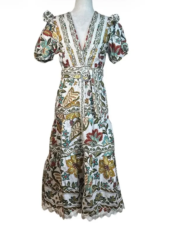 FARM Rio Botanicals Belted Midi Dress in Small Womens Cotton Poplin Floral - Image 6
