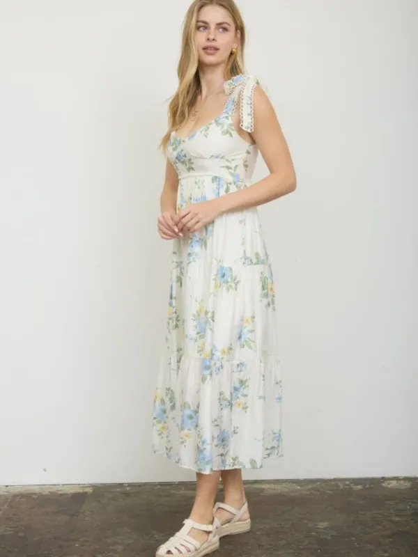 White Blue Yellow Floral Tiered Midi Dress Lace Tie Straps Small - Image 4
