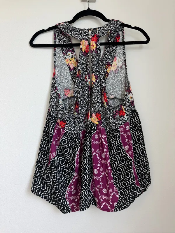 Free People Black and Purple Floral Patchwork V-Neck Tank - Image 2