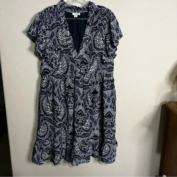 Sundance Sky Navy/White Flutter Sleeve Tiered Ruffle Boho Viscose‎ Dress - Image 3