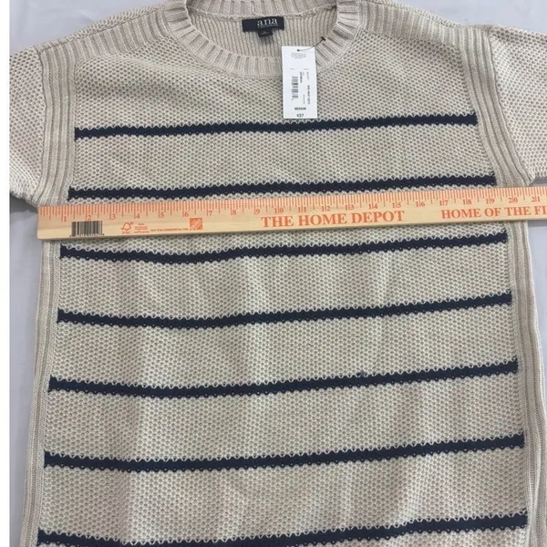 ANA A New Approach Striped Crew Neck Sweater Oatmeal Navy Blue Medium NWT‎ - Image 6