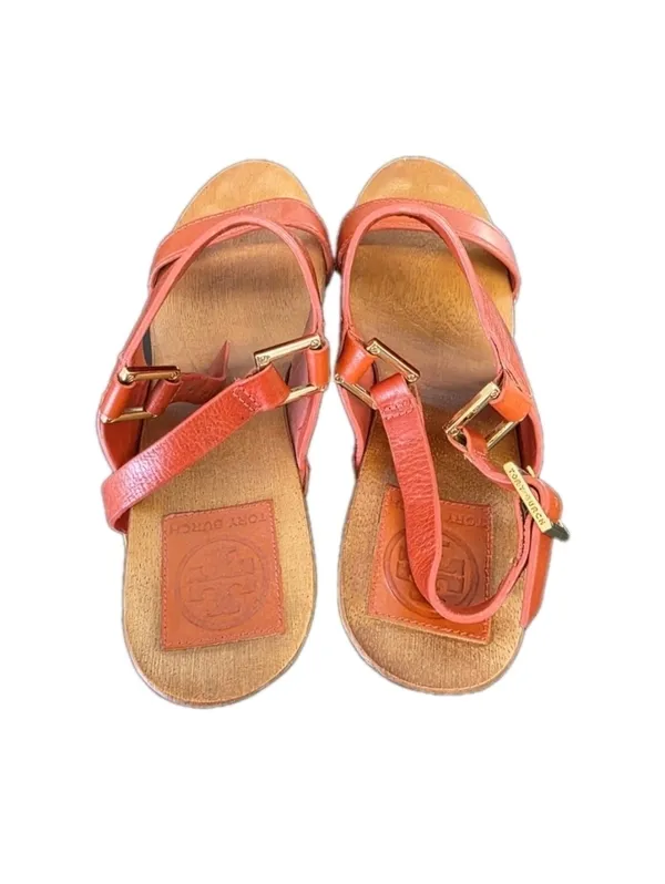 Tory Burch Womens Orange Gold Leather Wooden Wedge Sandals Size 9 Boho Preppy - Image 6