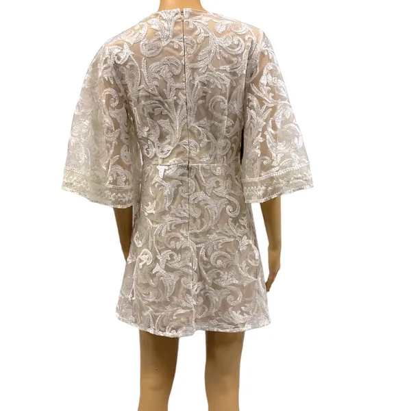 Lulus Celebration Hour Cream Lace Sequin Embroidered Zip Back Mini Dress Medium - Image 4