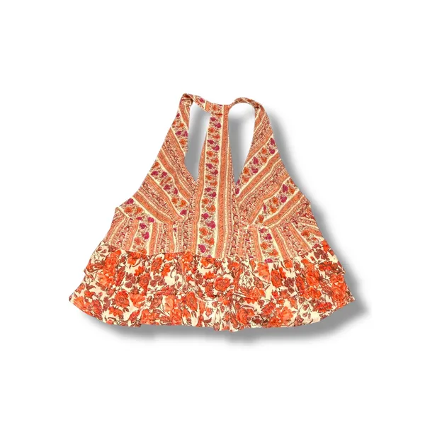 Free People Floral Halter Top S Orange Pink Ruffle Tie Front Boho NEW Love Charm - Image 3