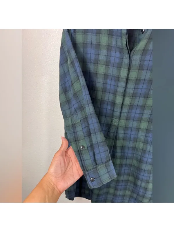 Madewell Navy and Green Plaid Flannel Mini Shirt Dress - Image 5