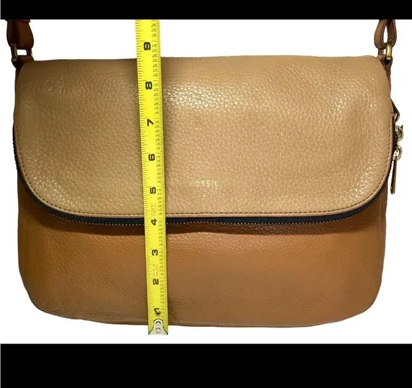 Fossil Crossbody Satchel Tan Brown Pebbled Leather multi pocket - Image 13