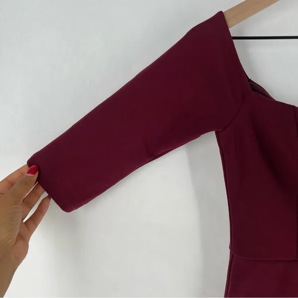Lulus Burgundy Stretch Crepe‎ Off The Shoulder 3/4 Sleeve Faux Wrap Midi Dress - Image 3