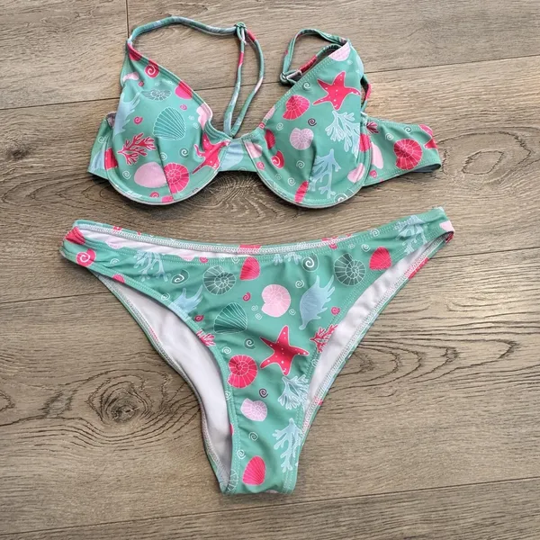 Bikini Underwire Seashell Push Up Swimsuit Two‎ Piece size Medium Cheeky Blue - Image 2