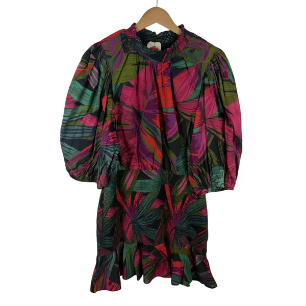 Farm Rio Tropical Palm‎ Leaf Smocked Puff Sleeve Mini Dress XL Vacation Resort - Image 2