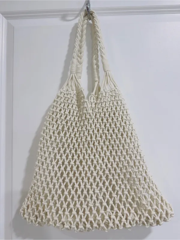 Boho Macramé Cotton Rope Market Tote Bag | Handmade Ivory Woven Beach Shopper - Image 6