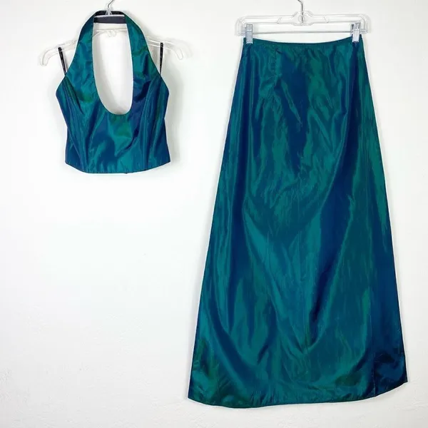 Vintage 00’s Jessica McClintock Gunne Sax Teal Iridescent 2 Piece Formal Dress 5 - Image 4